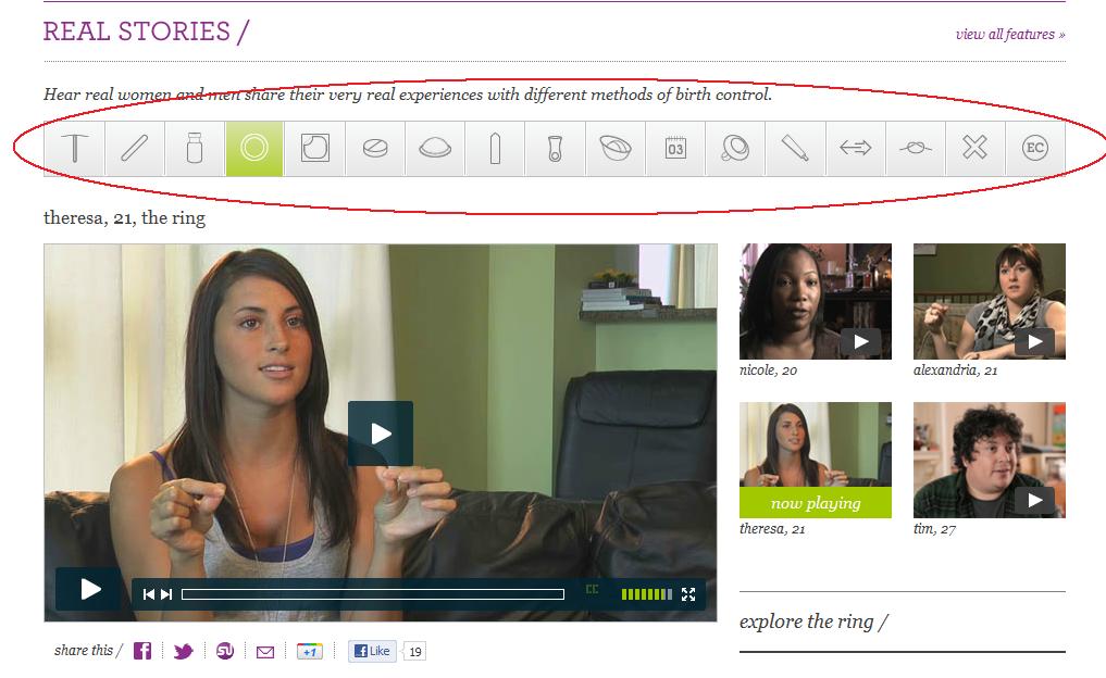 Photograph of the Bedsider Real Stories web page. Click on the photograph to go to the page. The photograph shows one young woman talking about her birth control method.